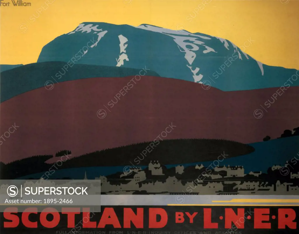 Poster produced for the London & North Eastern Railway (LNER) to promote rail travel to the Scottish Highland town of Fort William. The poster shows t...