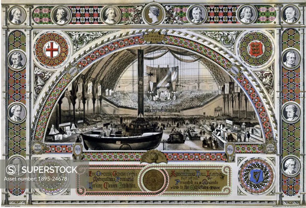 Chromolithograph with gilt designed by T Sulman and printed  by Williams & Co. The opening ceremony of the exhibition was held at the Agricultural Hal...