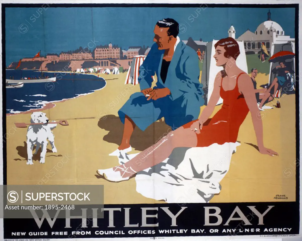 Poster produced for London & North Eastern Railway (LNER) to promote rail services to Whitley Bay, Tyne and Wear. The poster shows a couple relaxing o...