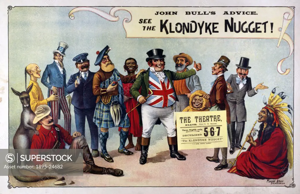 A poster advertising the varied attractions of the Klondyke Nugget’, a wild west show whose themes included the American Gold Rush and the exploits o...