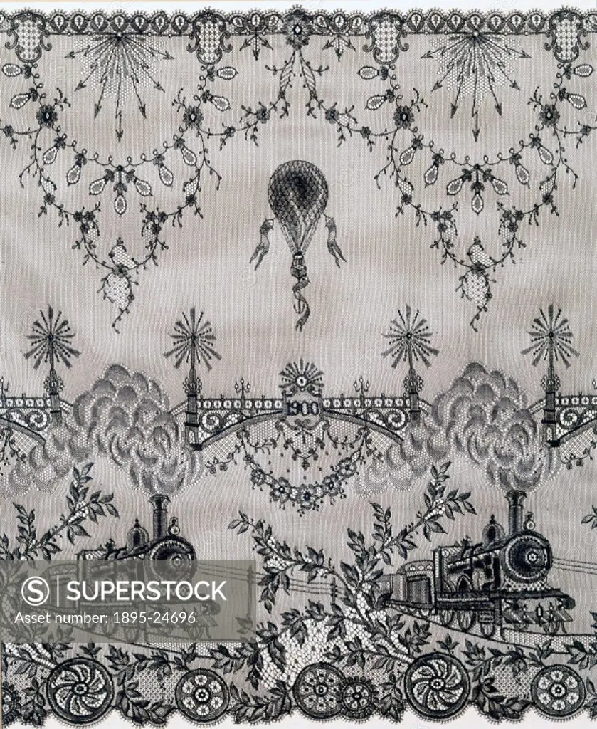 The machine-made lace features symbols of modern progress, a steam locomotive, an electric telegraph and electric lights, a hot air balloon and a susp...