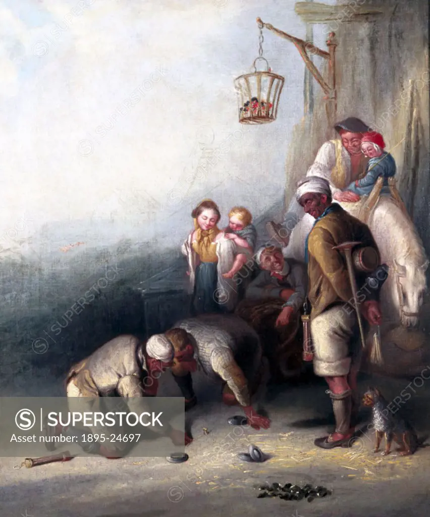 Oil on canvas painting by Henry Perlee Parker. The miners, who have coal-blackened faces, appear to have just finished a shift and are relaxing with t...