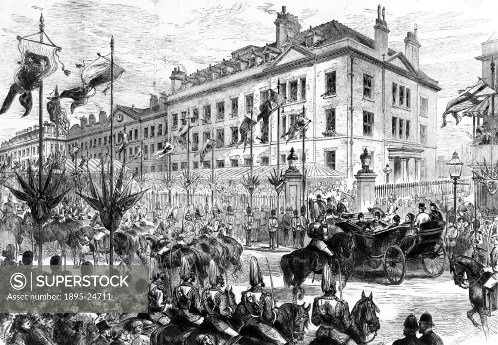 Plate taken from the Illustrated London News’. Queen Victoria (1819-1901) visited the hospital to open a new wing. The expansion of the London Hospit...
