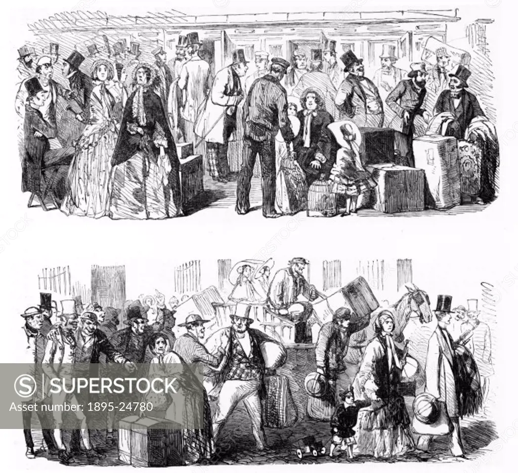 Engraving taken from the Illustrated London News’. A comic depiction of disgruntled passengers at a station struggling with their luggage during a ca...