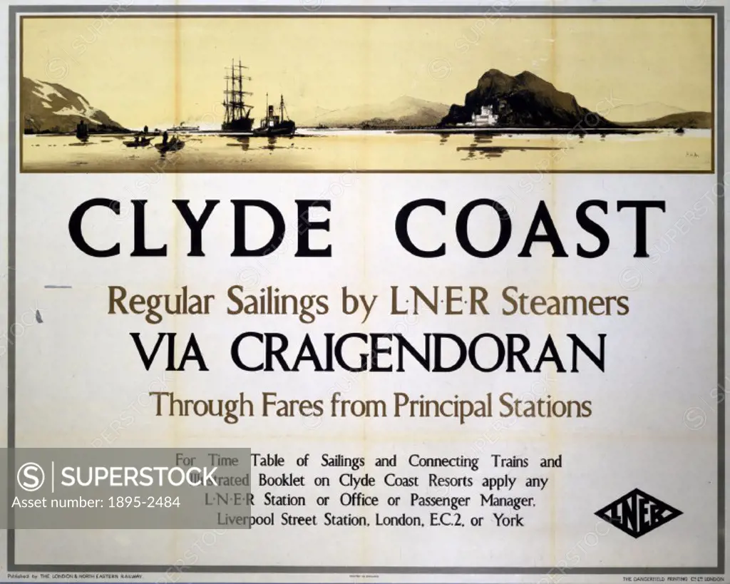 Poster produced by London & North Eastern Railway (LNER) to promote rail and sea services to the Clyde Coast of Scotland on LNER steamers, which opera...