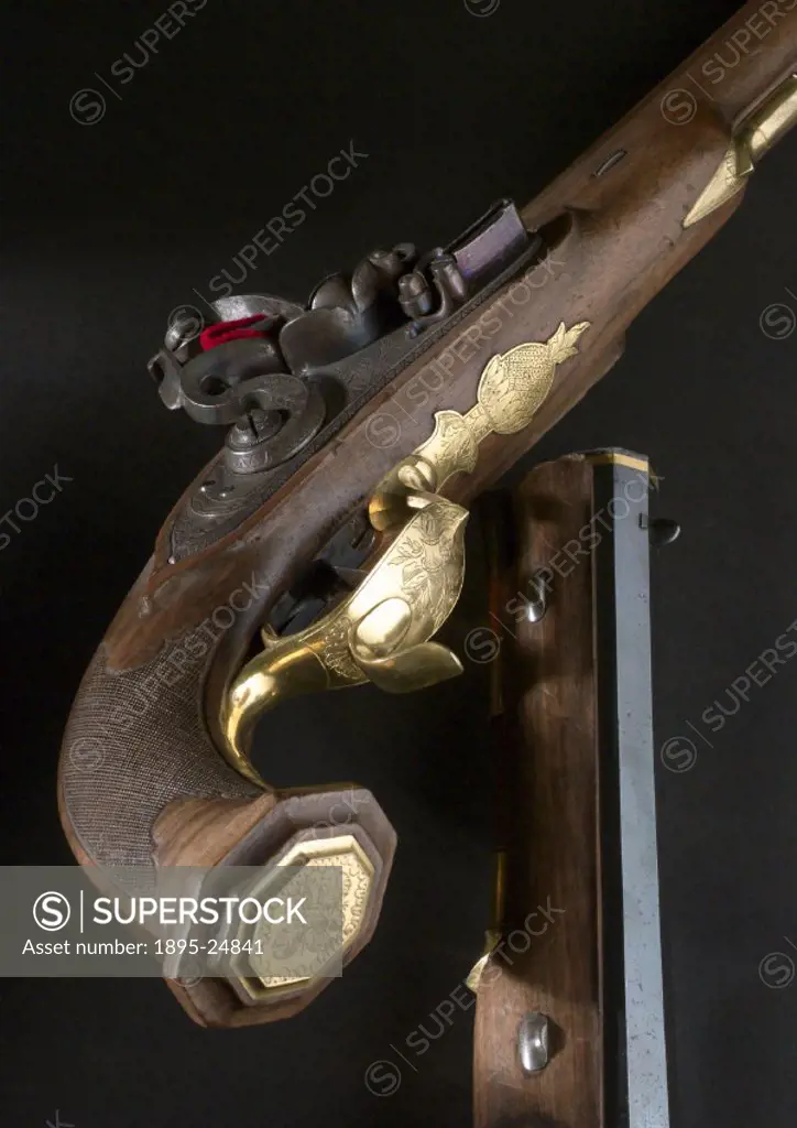 A pair of pistols said to have belonged to Napoleon Bonoparte. The flintlock mechanism replaced the earlier wheel-lock type for igniting gunpowder. Pu...