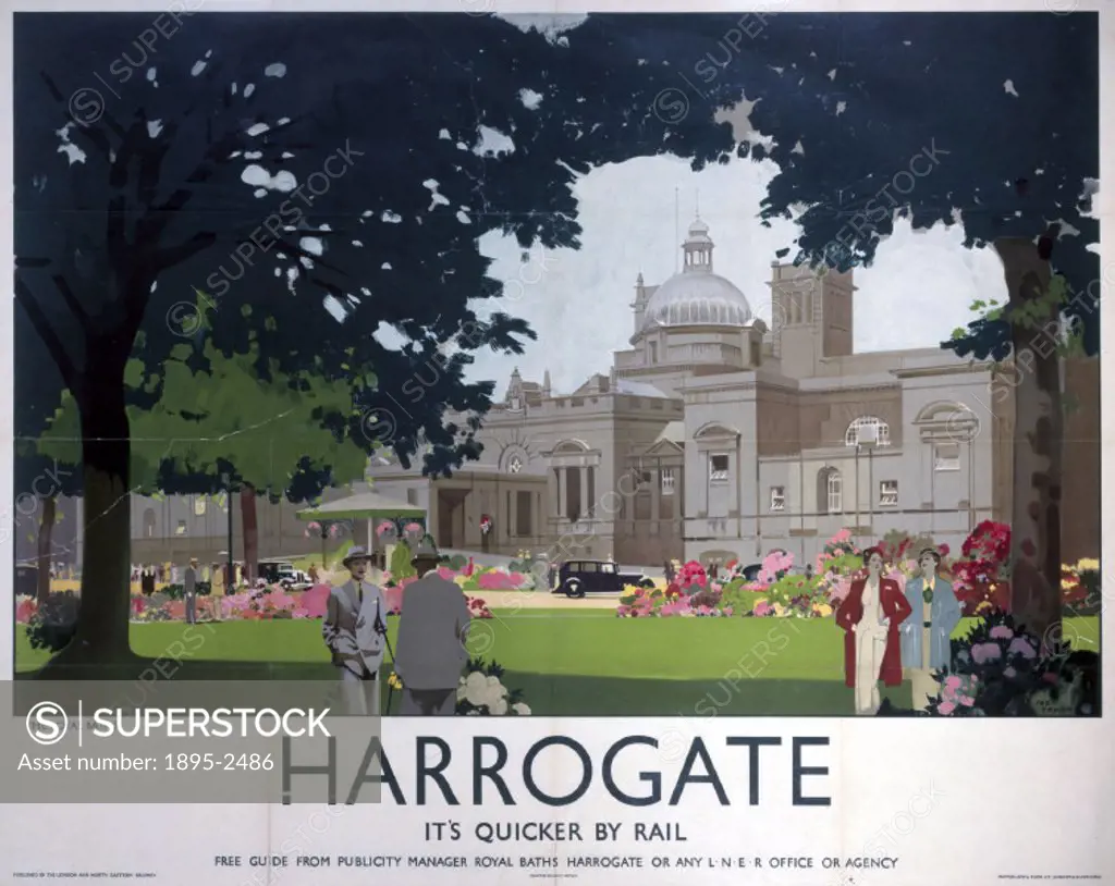 Poster produced for London & North Eastern Railway (LNER) to promote rail travel to the Yorkshire spa town of Harrogate. The poster showing visitors s...
