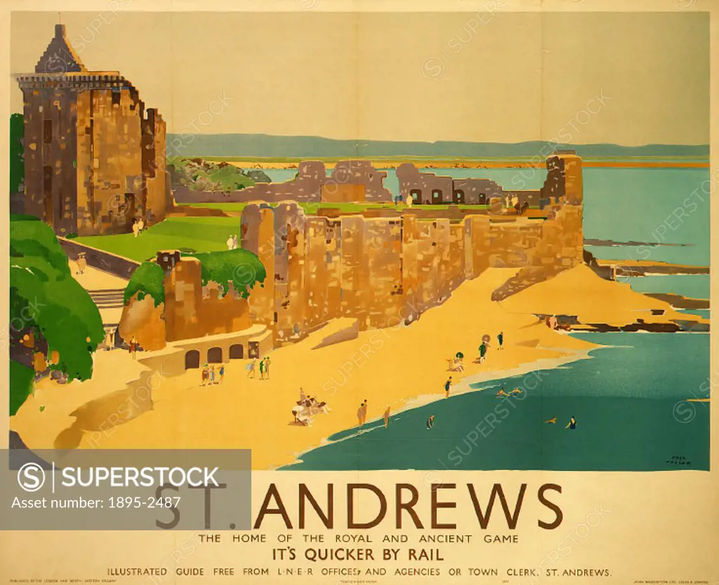 Poster produced for London & North Eastern Railway (LNER) to promote rail travel to St Andrews, Fife, home of the royal and ancient game’ of golf. Th...