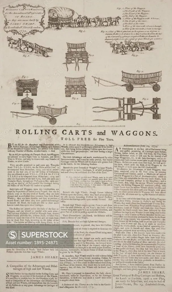 Advertisement illustrating rolling carts and wagons sold by James Sharp (15 Leadenhall Street, London). Written details of the restrictions of weight ...