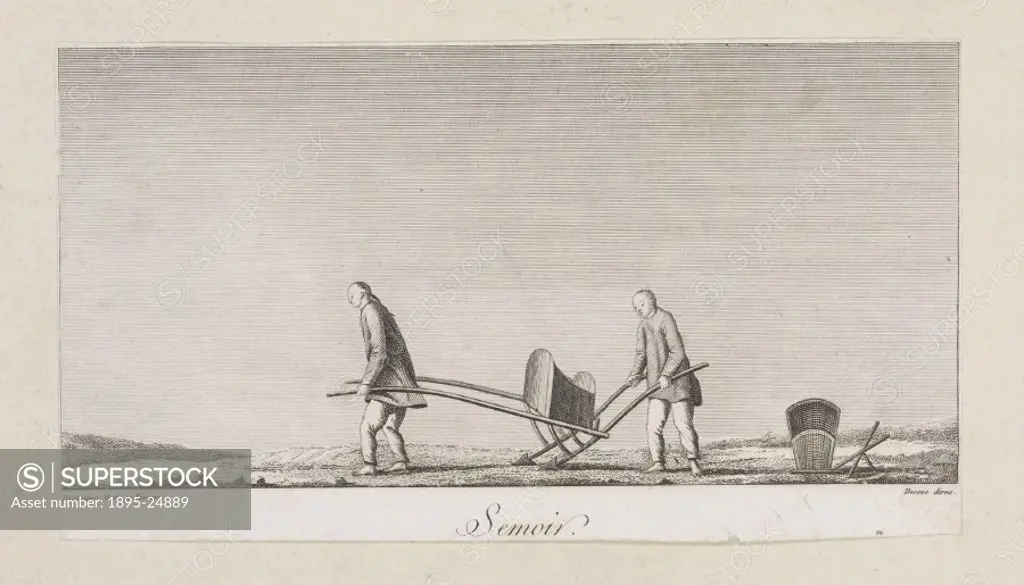 Semoir´ (Seed plough’), engraving by Deseve after Deguignes, from a book on China, showing two Chinese farm workers using a drilling tool to sow row...
