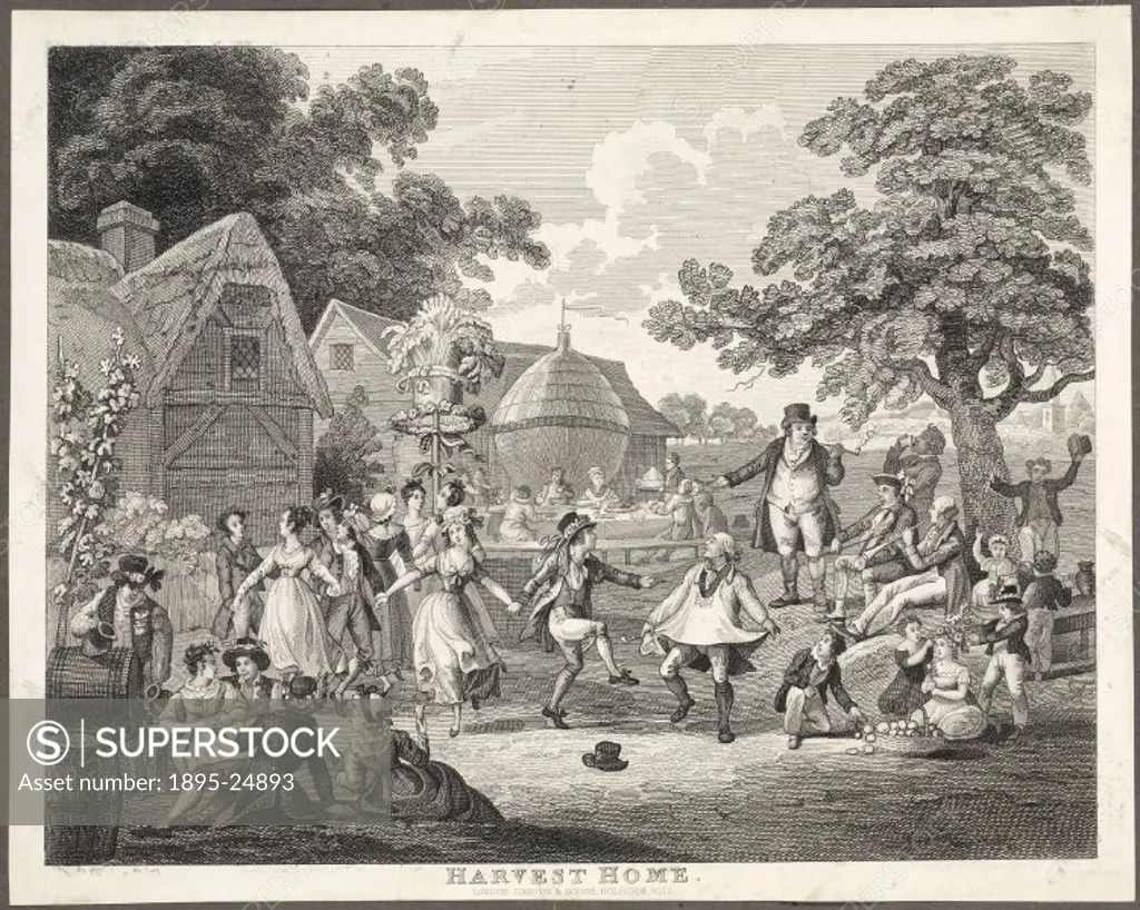 Engraving showing men and women celebrating the harvest. People drink beer or cider from a barrel, and musicians play for the dancers who encircle a c...