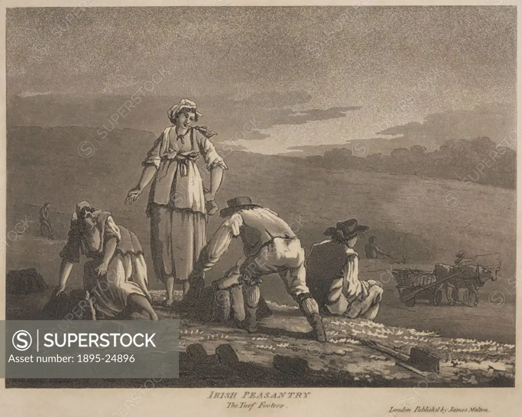 Aquatint by James Malton, published by James Malton, (London, 1790). Men and women are cutting and stacking turf in an Irish rural setting. Dimensions...