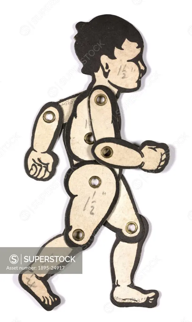 Lay silhouette figure of a child to aid figure drawing, 1930s. Jointed cardboard figure of a child, part of a set made by Saulmac also including a wom...