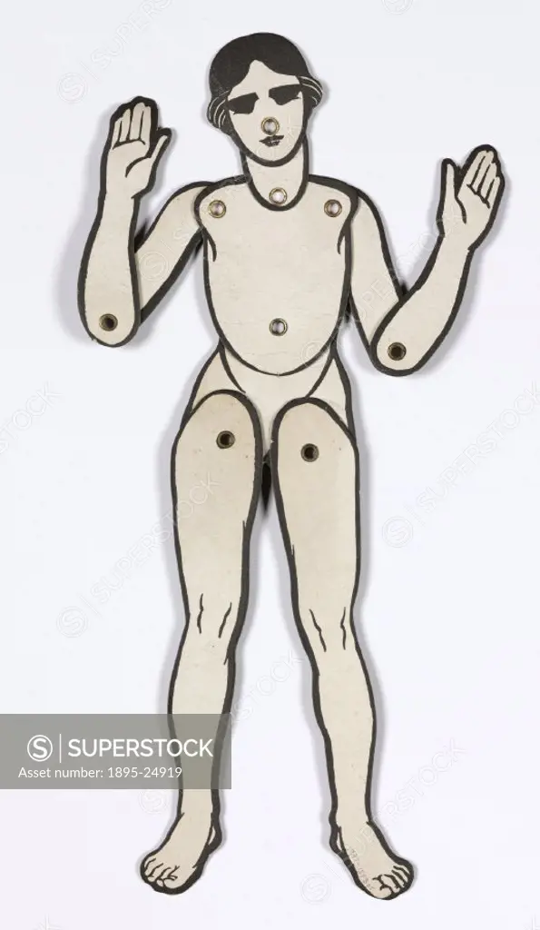 Lay silhouette figure of a woman to aid figure drawing, 1930s. Jointed cardboard figure of a woman, part of a set made by Saulmac also including a chi...