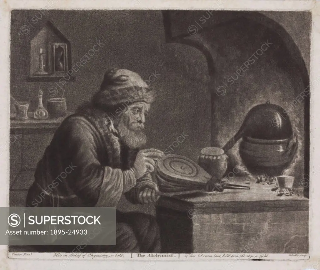 Mezzotint by W Baillie after Teniers showing an alchemist with bellows. The words He’s in belief of chymistry so bold, if his dream last, he’ll turn ...