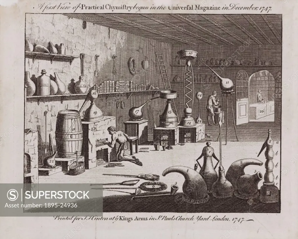 Engraving showing men working in a laboratory surrounded by chemistry equipment. Printed for J Hinton of Kings Arms, St Pauls Church Yard, London.