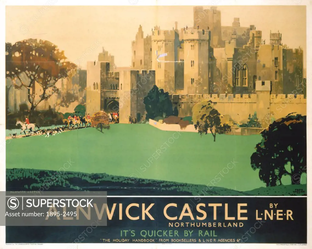Poster produced by London & North Eastern Railway (LNER) to promote rail travel to Northumberland. The poster shows a view of Alnwick Castle, home to ...