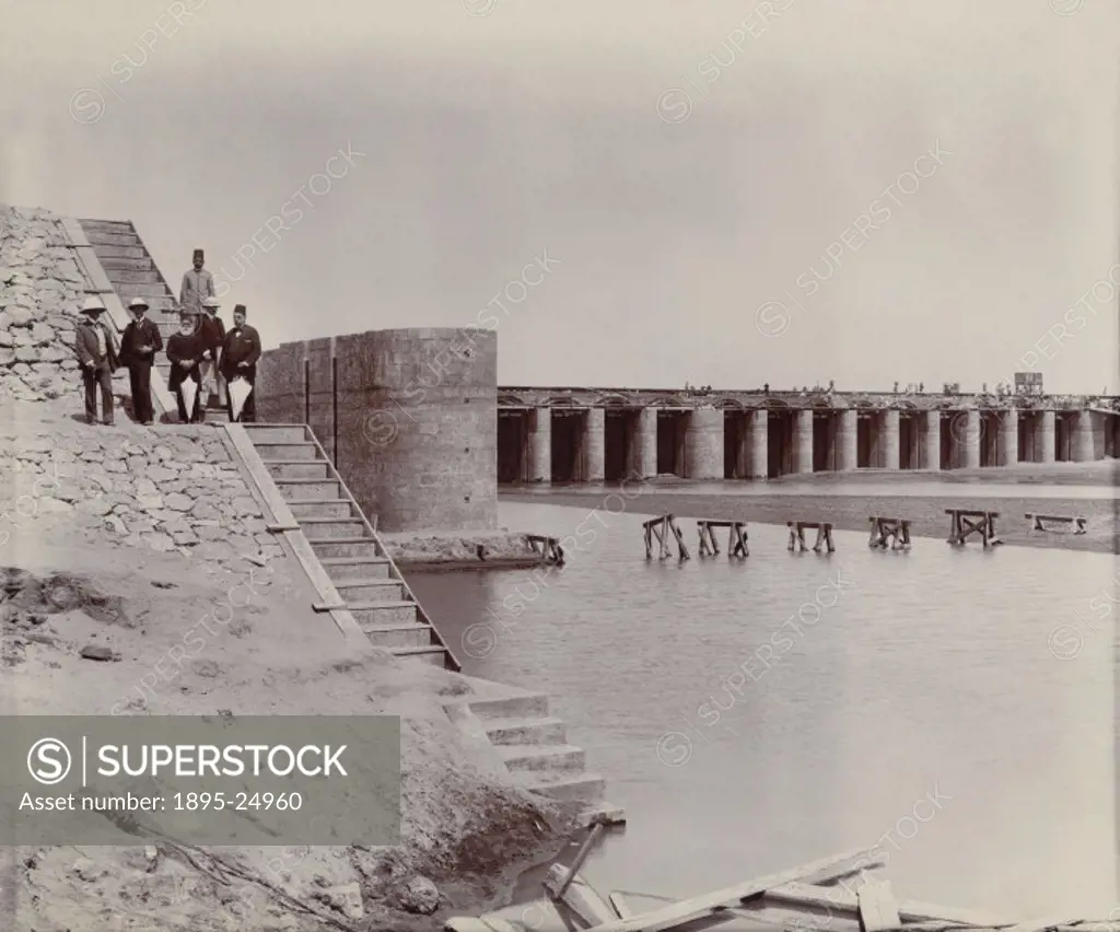 One of a series of photographs showing the building of the Aswan Dam. In the late 19th century, the decision to was made to build a dam across the riv...