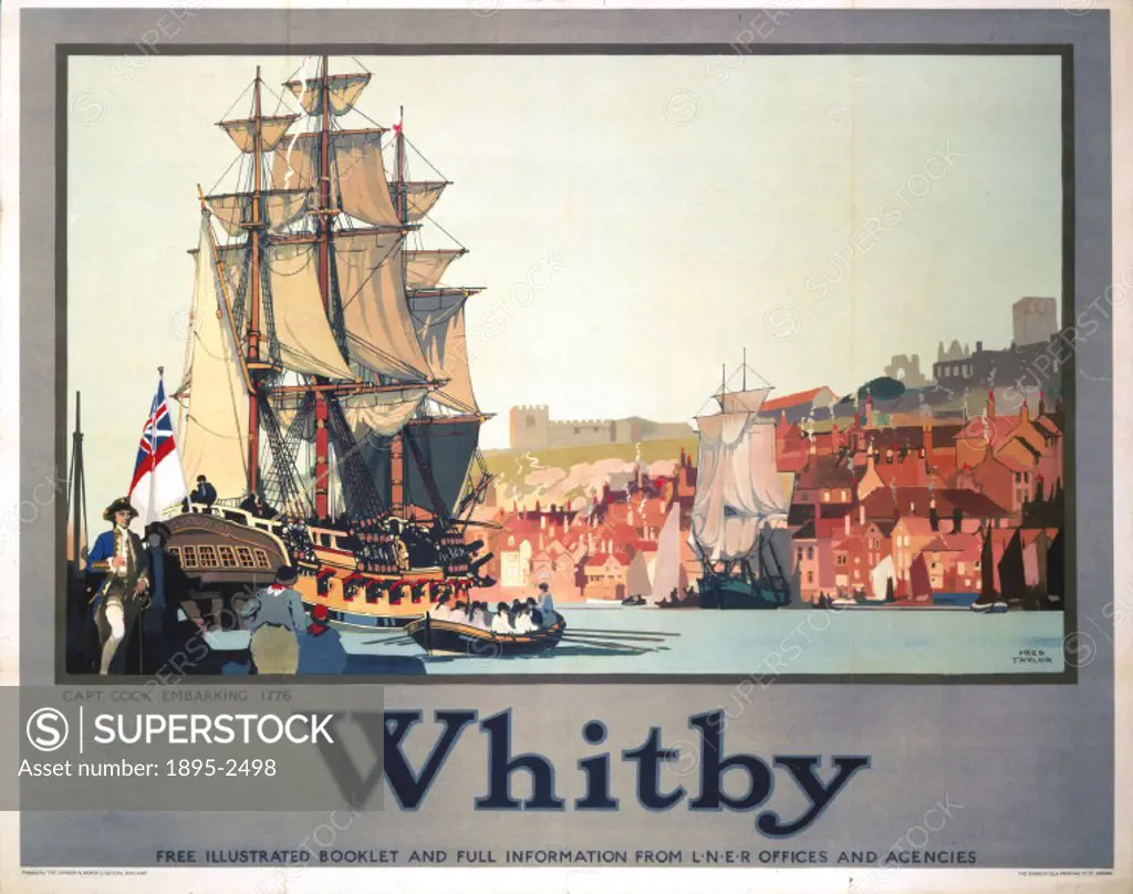 Poster produced by London & North Eastern Railway (LNER) to promote rail services to Whitby, North Yorkshire. The poster is illustrated with a scene o...