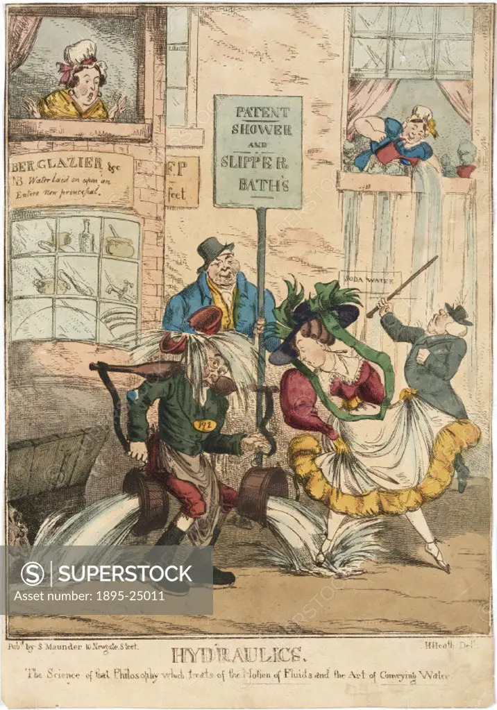 Coloured etching by H Heath, depicting a street trader offering patent shower and slipper baths’ to a couple of somewhat unenthusiastic looking custo...