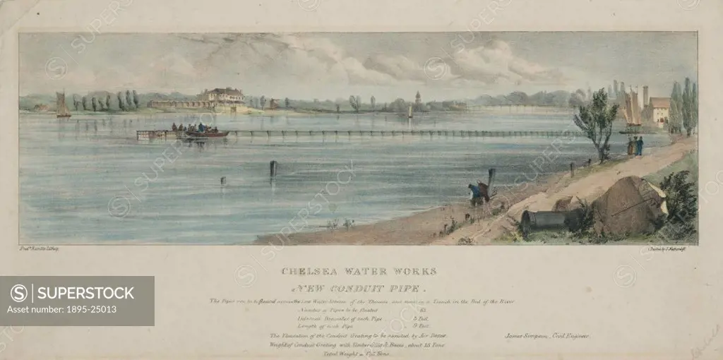 Coloured lithograph by Fred Rumble. Based upon a scheme by the engineer of the Chelsea Water Works Company, James Simpson (1799-1869), the pipe was to...