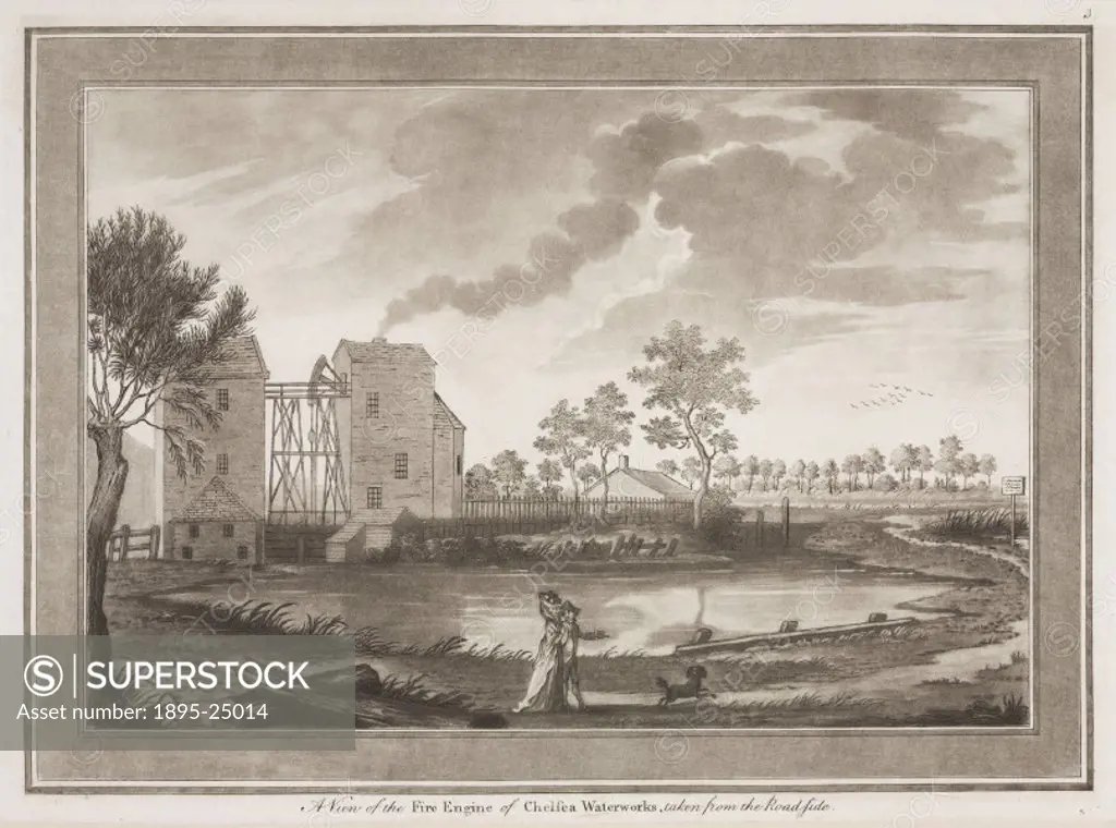 Aquatint showing an engine house at the Chelsea Waterworks which contained two Boulton & Watt steam engines. Water works to supply water to the urban ...