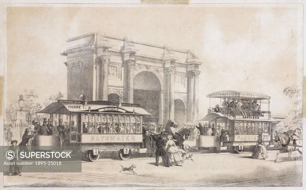 Lithograph showing the single-decker horse-drawn tram ´Victoria´ and the double-decker ´Napoleon´ passing Marble Arch in London. George Francis Train,...