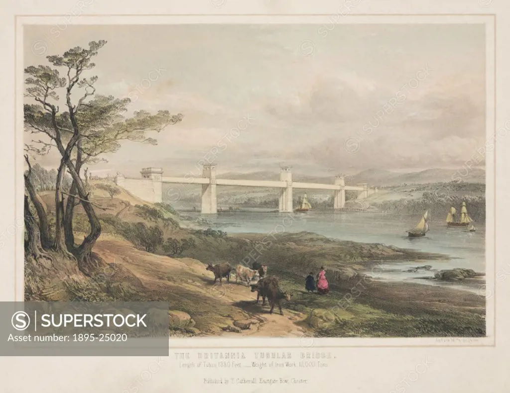 Coloured lithograph drawn and lithographed by G Hawkins. The Britannia Tubular Bridge was designed by Robert Stephenson (1803-1859) and was completed ...