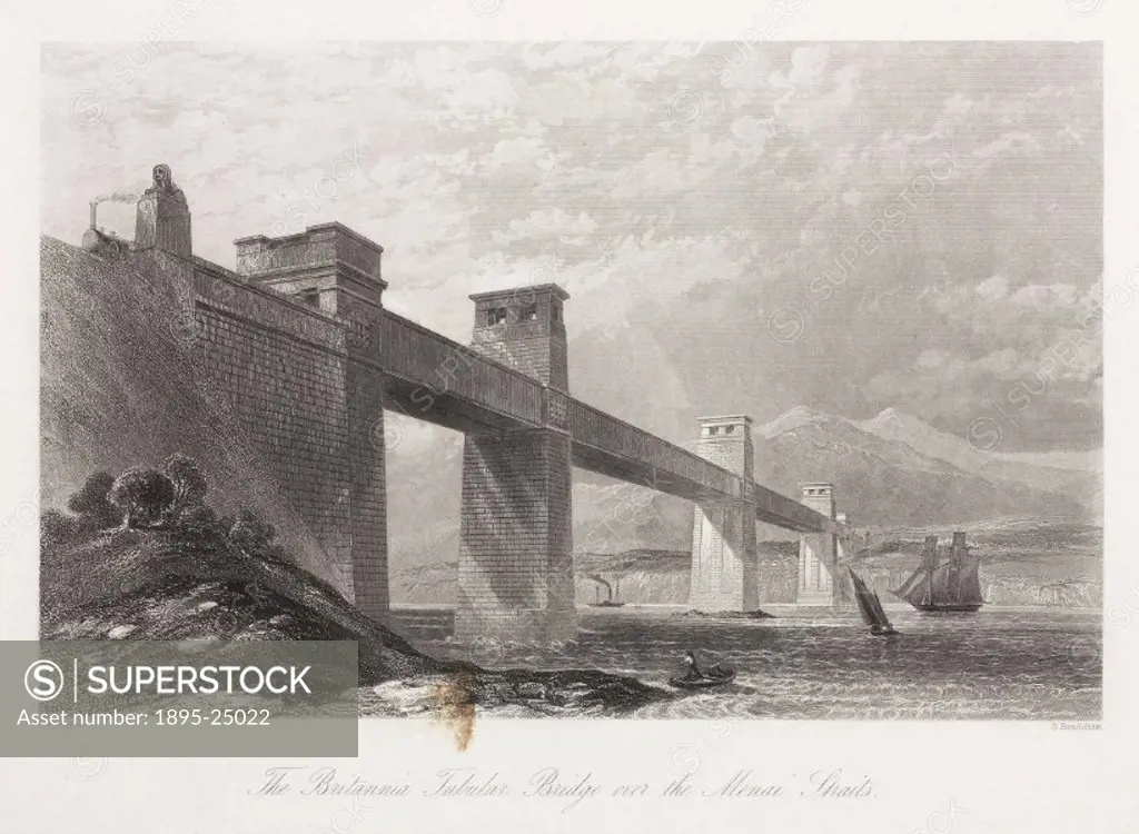 Engraving by S Bradshaw after an original by G Dodgson. The Britannia Tubular Bridge was designed by Robert Stephenson (1803-1859) and was completed i...