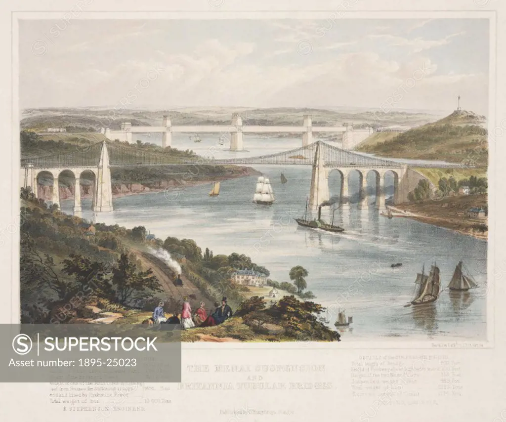 Coloured lithograph by Thomas Picken showing the two bridges built across the Menai Straits in the 19th century. The nearer of the two bridges, the Me...