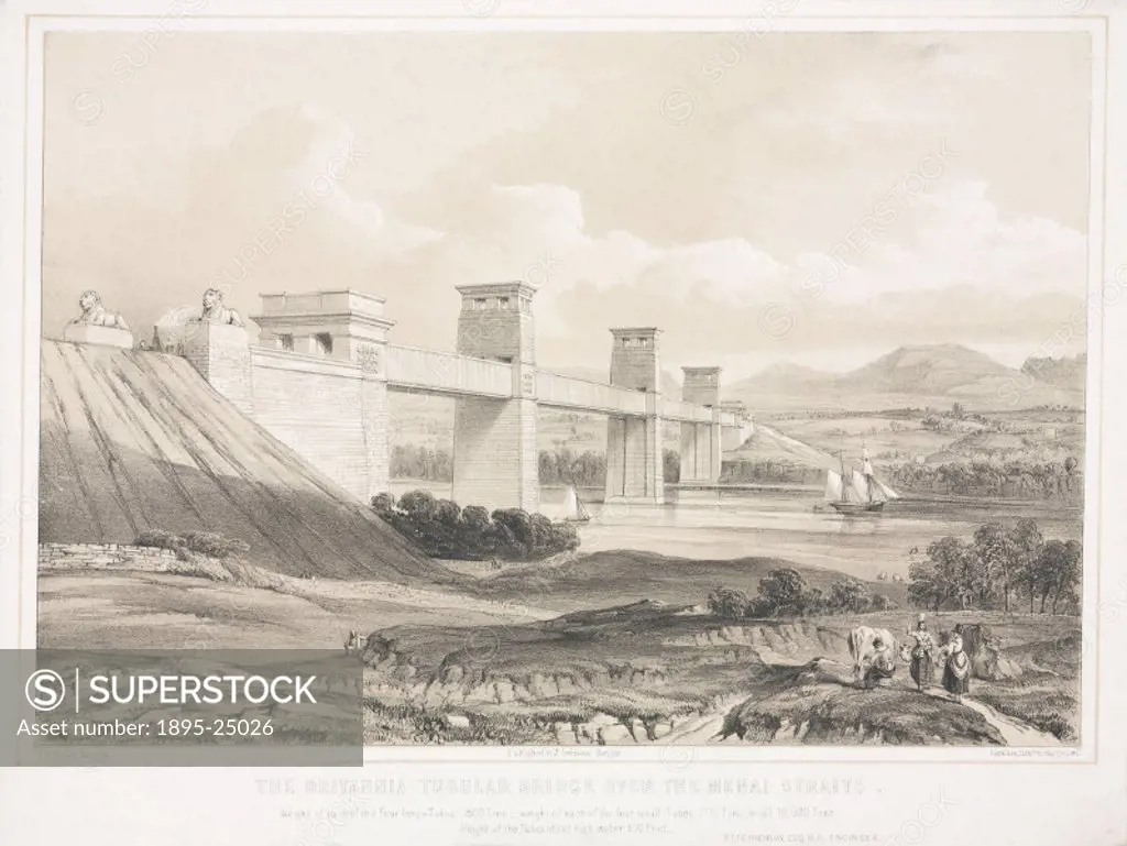 Tinted lithograph drawn and lithographed by R E Thomas. The Britannia Tubular Bridge was designed by Robert Stephenson (1803-1859) and was completed i...