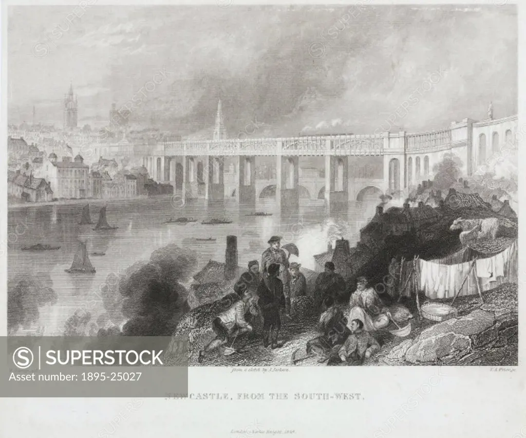 Engraving by T A Prior after a drawing by W Harvey, showing the High Level Bridge built to carry the York, Newcastle and Berwick Railway over the Rive...