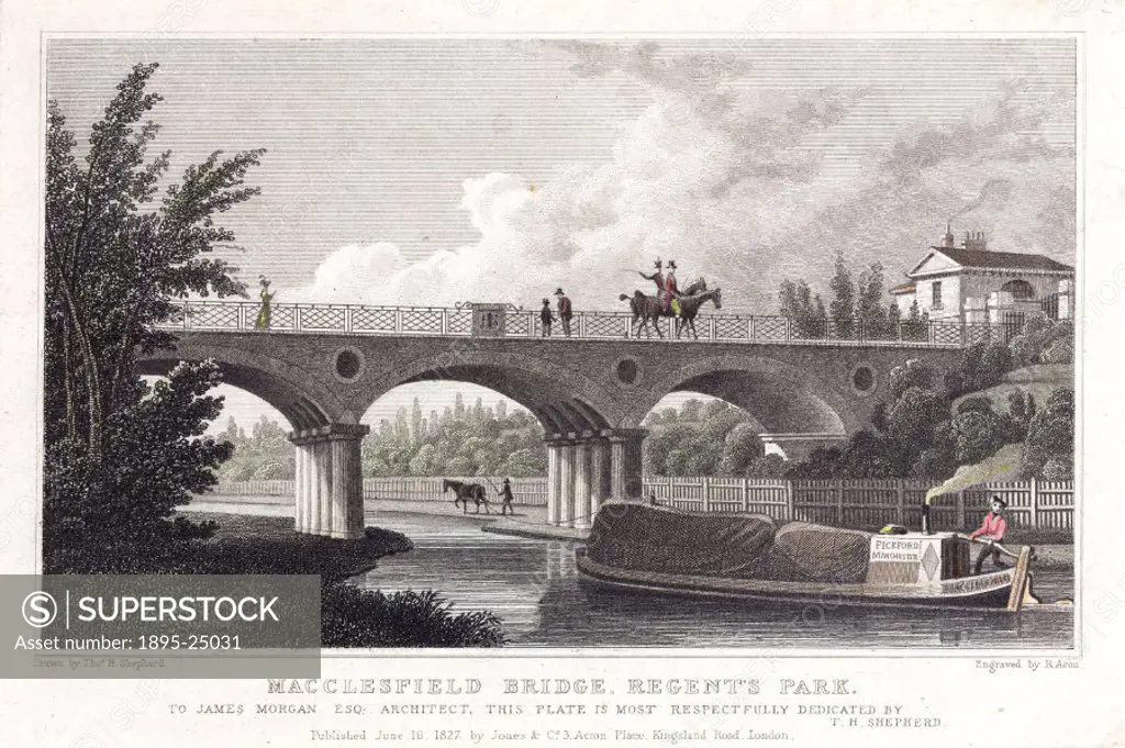 Hand coloured engraving by R Acon after an original drawing by Thomas Shepherd showing Macclesfield Bridge over the Regents Canal. The Bridge was ori...