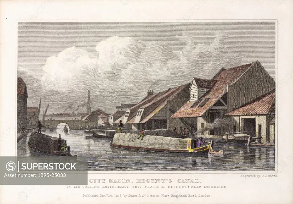 Engraving by F J Havell after a drawing by T H Shepherd, published by Jones and Company in 1827. The print shows canal boats passing waterfront buildi...