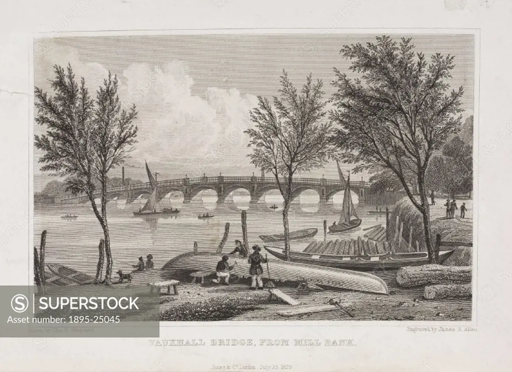 Steel engraving by James B Allen after an original drawing by Thomas Hosmer Shepherd (1792-1864). Boatbuilders are busy on the riverbank with Vauxhall...