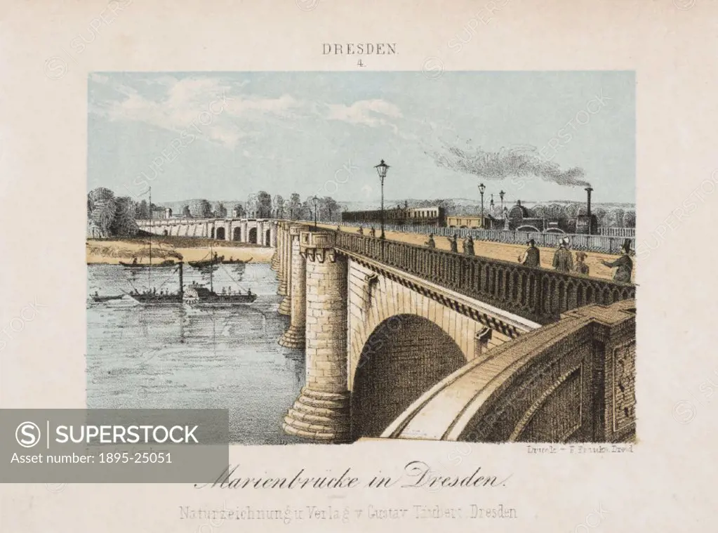 Lithograph by O von Gersheim showing a view of the Marienbrucke (Marys Bridge) over the River Elbe in Dresden, Germany.