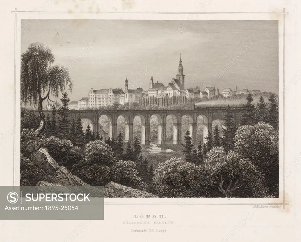 Engraving by G M Kurz after an original drawing by Ludwig Rohbock showing a steam train crossing the viaduct at Lobau, Germany, with the buildings of ...