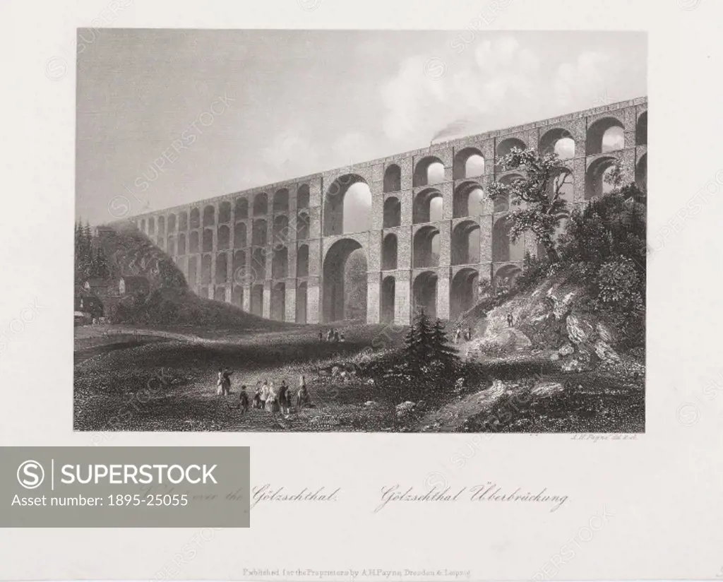Engraving drawn and engraved by A H Payne showing a steam train passing over a massive viaduct constructed from four tiers of arches.