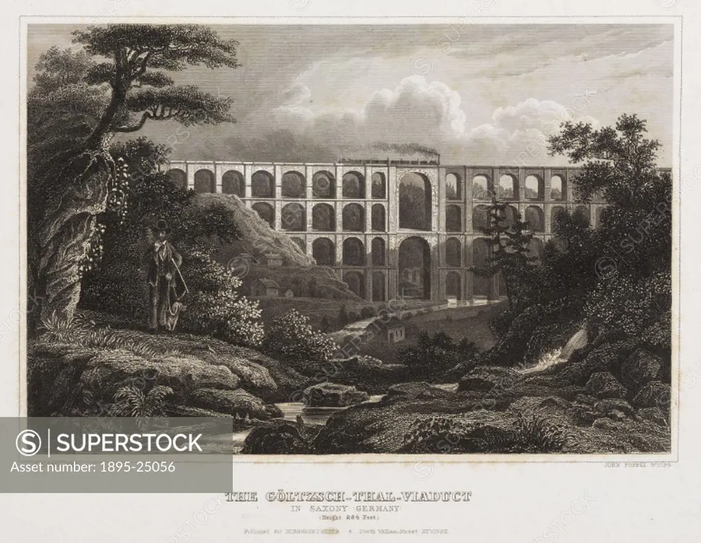 Engraving by John Poppel showing a steam train passing over a massive viaduct constructed from four tiers of arches.