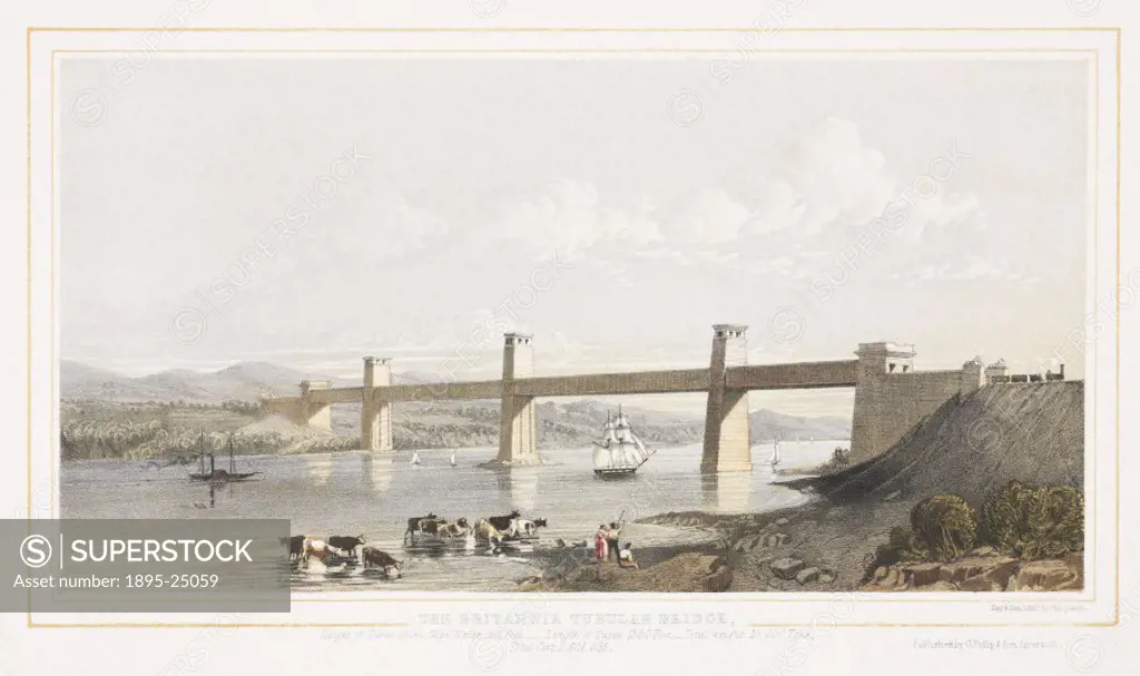 Lithograph drawn and lithographed by J Fagan. The Britannia Tubular Bridge was designed by Robert Stephenson (1803-1859) and was completed in 1850. It...