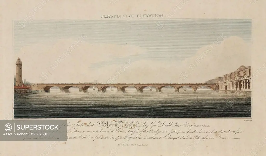 Hand coloured engraving by W Bond after an original drawing by George Dodd. Dodd, a civil engineer who worked for John Rennie (1761-1821) proposed to ...
