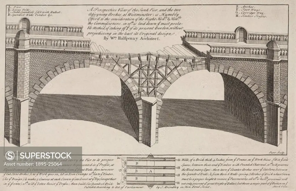 Engraving by Parr after an original drawing by William Halfpenny showing a sectioned perspective view of the structure of part of Westminster Bridge. ...