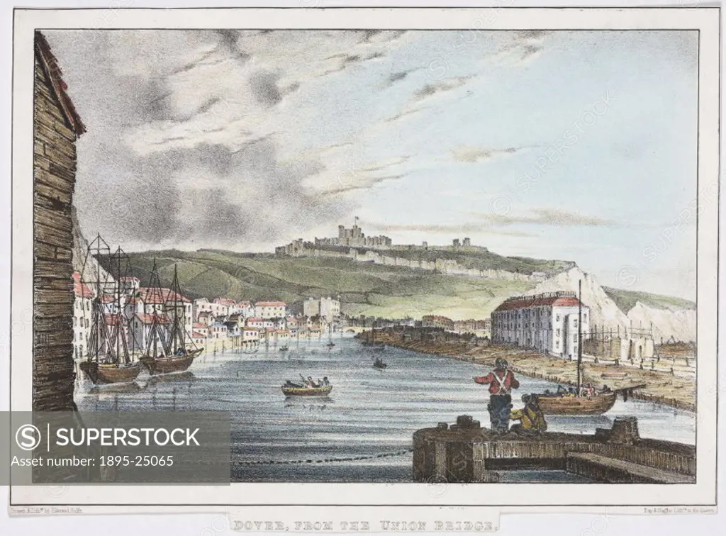 Lithograph drawn and lithographed by Edmund Rolfe showing a view of the port of Dover with the castle and the White Cliffs in the background.
