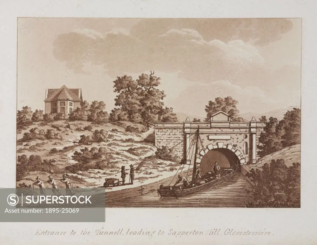 Sepia-toned aquatint showing a barge about to enter the tunnel on the Thames & Severn Canal at Sapperton Hill, Gloucestershire. The digging of the 2-m...