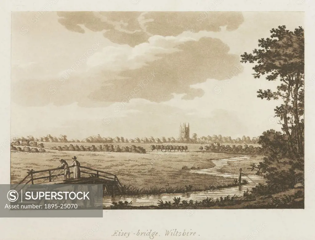 Sepia-toned aquatint showing a wooden footbridge over the Thames in a rural setting in Wiltshire. Published in S Irelands ‘Picturesque Views on the R...