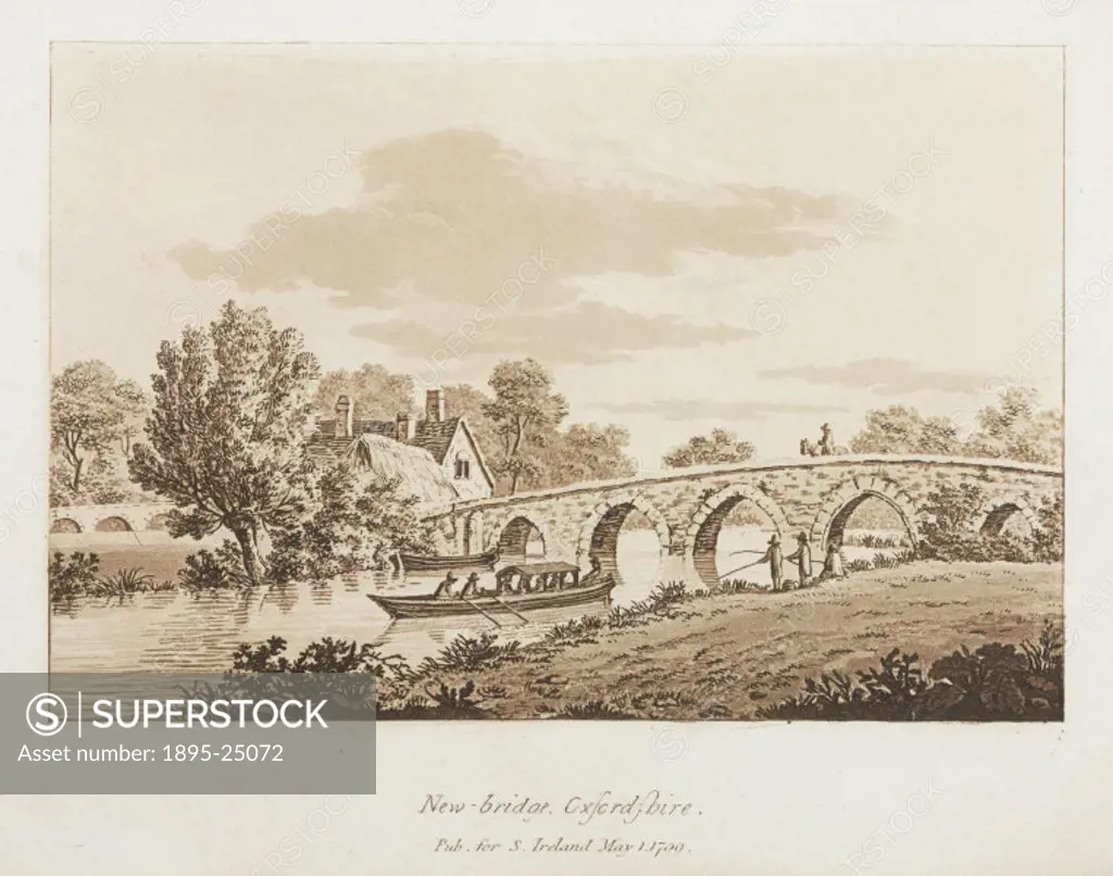 Sepia-toned aquatint showing a picturesque hump-backed bridge over the Thames in a rural setting in Oxfordshire. Published in S Irelands ‘Picturesque...