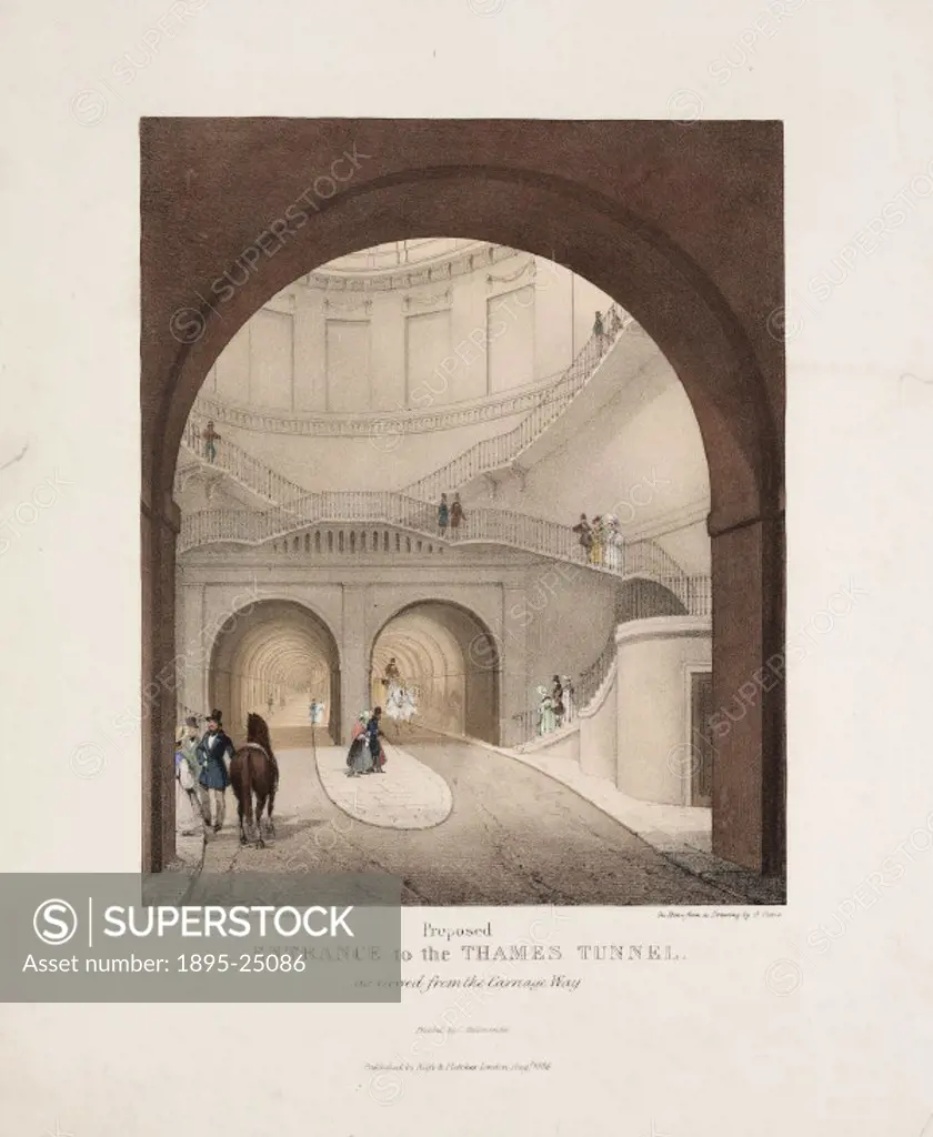 Coloured lithograph after an original drawing by B Dixie showing one of the entrances to the Thames Tunnel and the spiral staircase leading to it. Sir...