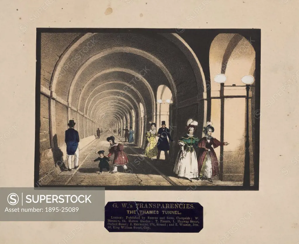 Coloured lithograph showing people strolling through the tunnel under the Thames. Sir Marc Isambard Brunel (1769-1849), engineer and inventor, was at ...