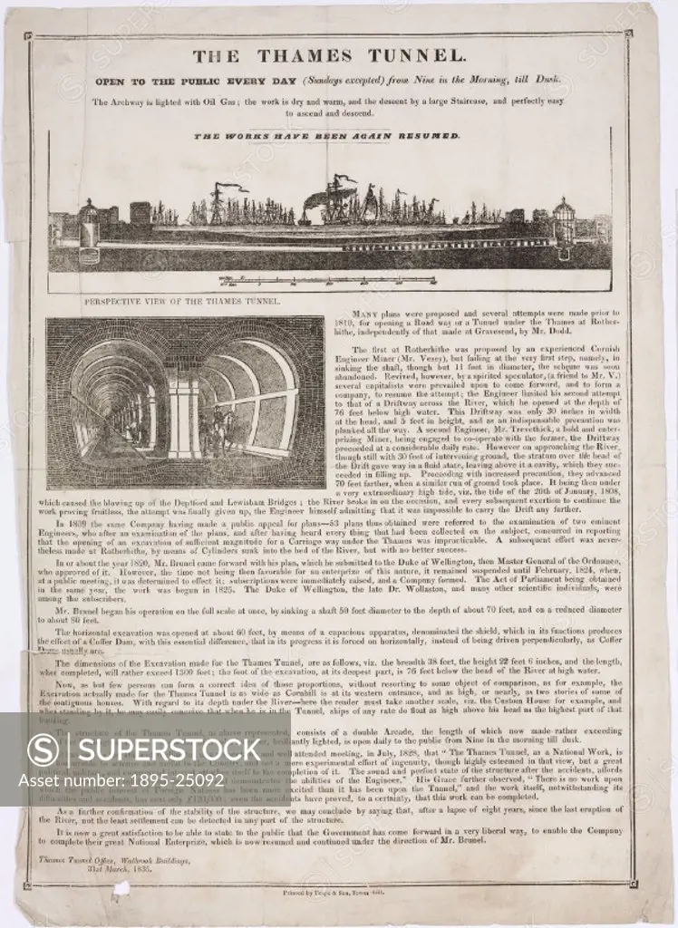 Ilustrated article encouraging readers to visit the construction site of the Thames Tunnel. The illustrations show a longitudinal section of the route...