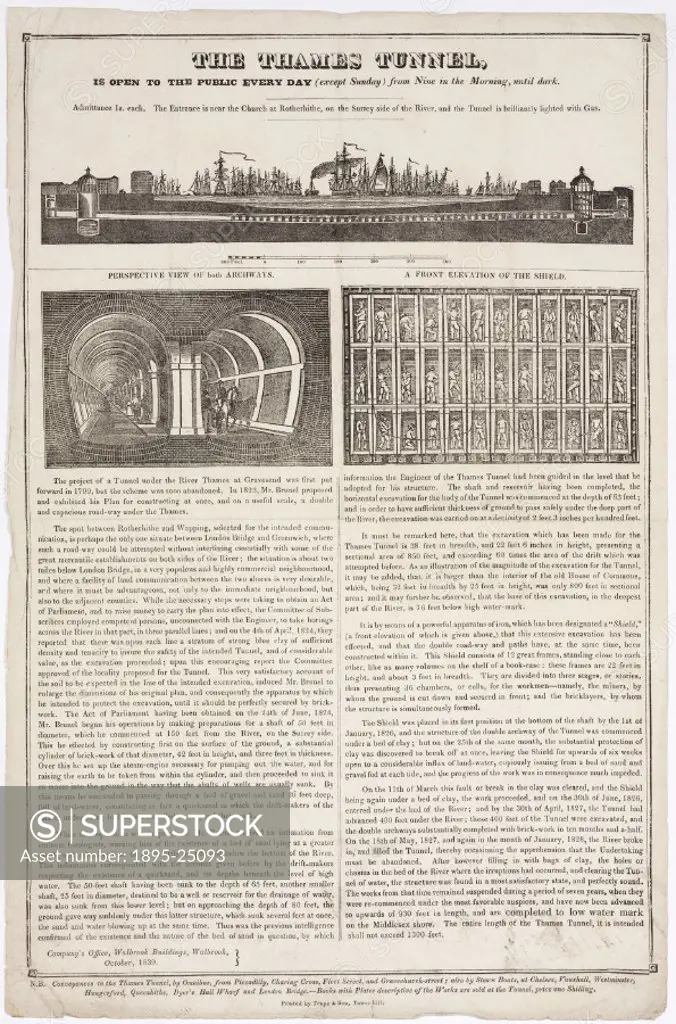 Ilustrated article encouraging readers to visit the construction site of the Thames Tunnel. The illustrations show a transverse section of the route o...